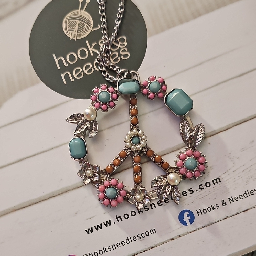 Peace Sign Pendant Necklace - Pink, Turquoise, Brown